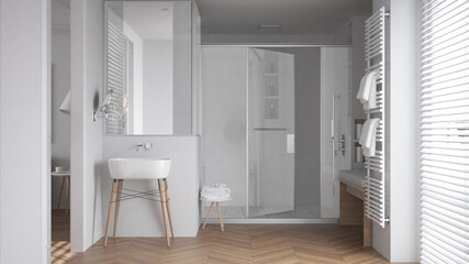 Minimalist bathroom in white tones with sink, large shower with glass cabin, heated tower rail with towels, herringbone parquet, window with venetian blinds, interior design concept