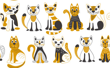 Seamless pattern with yellow cats. Vector Background for fabric, textile, wallpaper, posters, gift wrapping paper, napkins, tablecloths, pajamas. Print for kids, baby, children