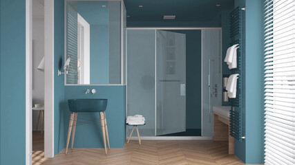 Minimalist bathroom in blue tones with sink, large shower with glass cabin, heated tower rail with towels, herringbone parquet, window with venetian blinds, interior design concept