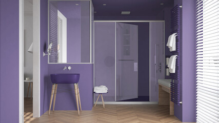 Minimalist bathroom in purple tones with sink, large shower with glass cabin, heated tower rail with towels, herringbone parquet, window with venetian blinds, interior design concept