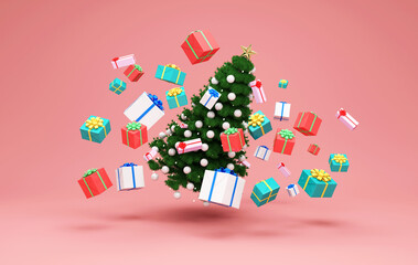 Christmas Tree Floating with Heap of Gift Boxes on pink studio background. 3D Rendering