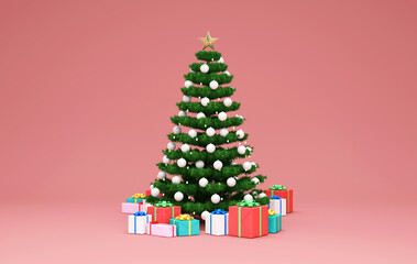 Christmas Tree decorated with a garland and toys and a big star at the top with Heap of Gift Boxes on pink studio background