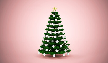 Christmas Tree decorated with a garland and toys and a big star at the top on pink studio background