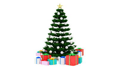 Christmas Tree decorated with a garland and toys and a big star at the top with Heap of Gift Boxes