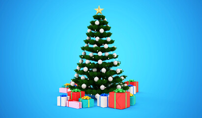 Christmas Tree decorated with a garland and toys and a big star at the top with Heap of Gift Boxes on blue studio background