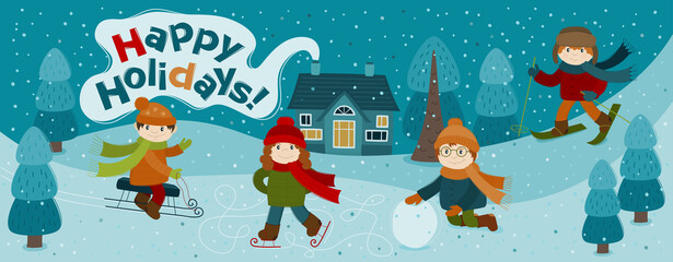Funny children play winter games: skiing, sledding, ice skating, making a snowman. Christmas and New year banner for your design. Set of children.