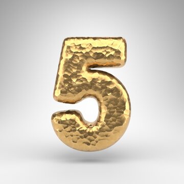 Number 5 on white background. Hammered brass 3D number with shiny metallic texture.