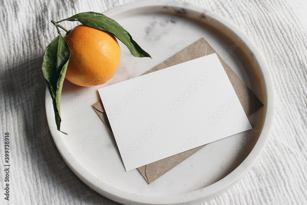 Wall mural summer wedding stationery mock-up scene. blank greeting card, invitation. craft envelope and orange 