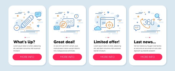 Set of Technology icons, such as Web system, Seo targeting, Brand contract symbols. Mobile app mockup banners. 360 degree line icons. Computer, Performance, Edit report. Virtual reality. Vector