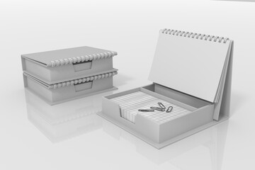 Foldable calendar box with sections for stationery and writing blocks. Designed for mock up. 3D render.