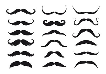 Mustaches style isolated vector black silhouettes. Barbershop or barber fashion retro and modern long and short classic and hipster or lumberjack man mustache types, monochrome vintage whisker set