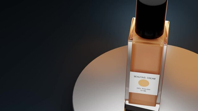 Realistic 3D cosmetic packaging design. Glass bottle on podium with liquid cream texture and black cap on dark background. Premium advertising for foundation cream, concealer, base, bb and cc cream.