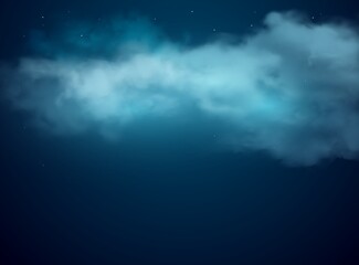 Naklejka na ściany i meble Night sky vector background with realistic stars and clouds. 3d design of fantasy dark blue sky, cloudy heaven with midnight cold air, starry constellations and shining starlight