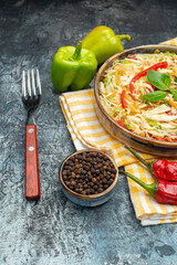 front view vegetable salad with peppers on grey background food meal health color