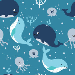 Obraz premium Seamless pattern with cute cartoon sea creatures for fabric print, textile, gift wrapping paper. colorful vector for kids, flat style