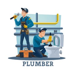 Plumber unclogging toilet bowl with plunger, repairing pipes leakage. Plumbing service repairmen using adjustable spanner, maintaining pipeline, worker with toolbox cleaning clogged toilet vector