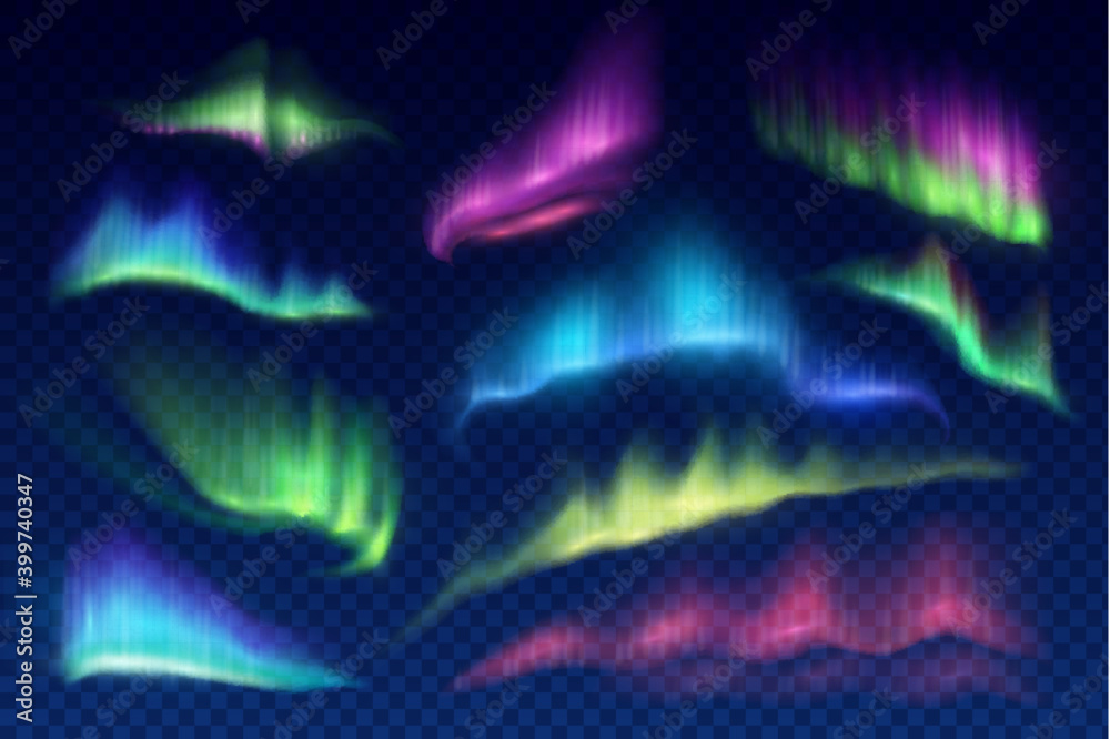 Wall mural Arctic aurora borealis, vector polar lights, northern natural phenomena isolated on transparent background. Amazing iridescent glowing wavy illumination on night sky. Realistic 3d shining aurora set