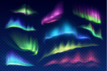 Arctic aurora borealis, vector polar lights, northern natural phenomena isolated on transparent background. Amazing iridescent glowing wavy illumination on night sky. Realistic 3d shining aurora set - obrazy, fototapety, plakaty