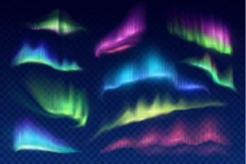 Fotobehang Arctic aurora borealis, vector polar lights, northern natural phenomena isolated on transparent background. Amazing iridescent glowing wavy illumination on night sky. Realistic 3d shining aurora set © Vector Tradition