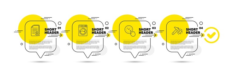 Washing machine, Time management and Financial documents line icons set. Timeline infograph speech bubble. Hammer blow sign. Laundry, Office clock, Check docs. Crash tool. Vector