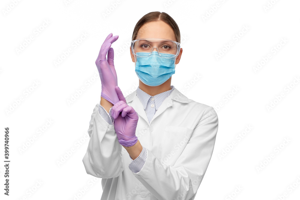 Sticker science, health and medicine concept - young female doctor or scientist wearing gloves, goggles and 