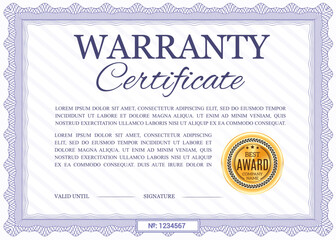 Warranty certificate vector template, diploma with wavy ornamental border. Official best award frame, paper document for company appreciation with golden stamp and place for valid date and signature