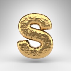 Letter S uppercase on white background. Hammered brass 3D letter with shiny metallic texture.