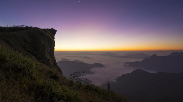 4K Time-lapse of beautiful sunrise scene over Phu Chee Fah mountain the famous tourist attraction in Chiang Rai province, Thailand