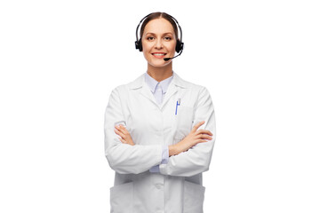 medicine, profession and healthcare concept - happy smiling female doctor with headset over white...