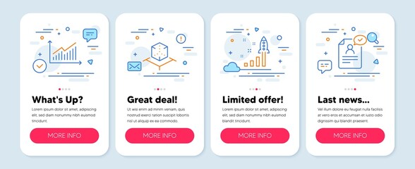 Set of Technology icons, such as Augmented reality, Development plan, Graph symbols. Mobile screen app banners. Resume document line icons. Virtual reality, Strategy, Presentation diagram. Vector