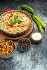front view tasty salad with fresh vegetables on grey background food diet color health