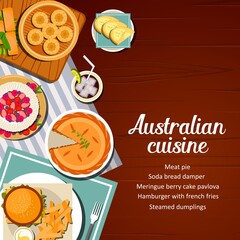 Australian cuisine food menu meals and dishes, Australia restaurant dinner and launch vector. Belgian traditional cuisine menu cover of meat pie, Pavlova cake with berry meringue and soda bread damper