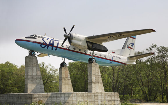 Monument to plane AN-24.  Yuzhno-Sakhalinsk. Sakhalin island. Russia