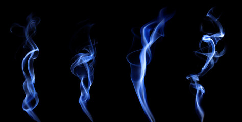 collection swirling movement of blue smoke group, abstract line Isolated on black background