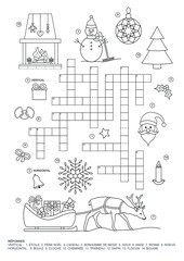 Crossword puzzle. This Christmas theme crossword puzzle game is for kids. Game and Coloring page. French language. Vector illustration.