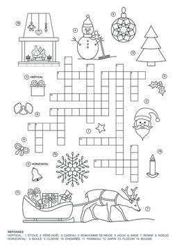 Crossword puzzle. This Christmas theme crossword puzzle game is for kids. Game and Coloring page. French language. Vector illustration.