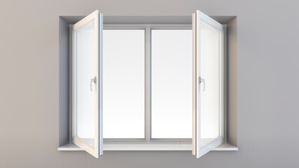 double-leaf opened window on a white wall. aerial illustration for brochures, web design. 3d rendering