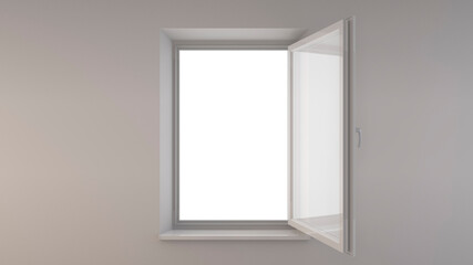 Single-leaf opened window on a white wall. aerial light illustration for brochures, web design. 3d rendering for your artwork.