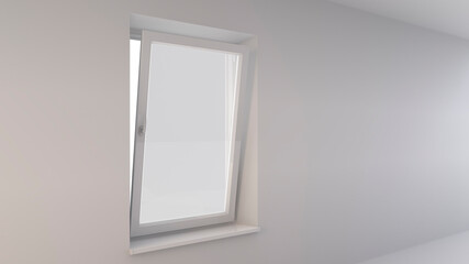 Single-leaf opened window on a white wall. aerial light illustration for brochures, web design. 3d rendering for your artwork.