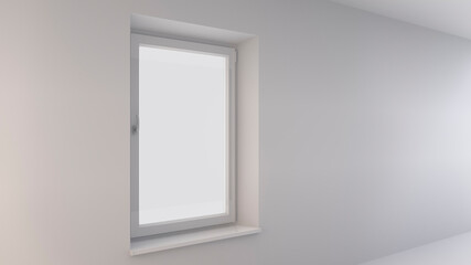 Single-leaf closed window on a white wall. Abstract aerial light illustration for brochures, web design. 3d rendering for your artwork