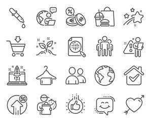 Business icons set. Included icon as Like hand, Love, Analytics chart signs. Currency exchange, World planet, Start business symbols. Smile chat, Users, Group. Online market, 5g upload. Vector