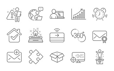 Contactless payment, New mail and Strategy line icons set. Time management, Winner podium and Verified mail signs. Graph chart, 360 degree and Open box symbols. Line icons set. Vector