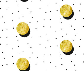 Hand drawn vector abstract gold full moon seamless pattern and polka dots texture isolated on white background.Design for decoration,wrapping,fashion fabric,scrapbooking.