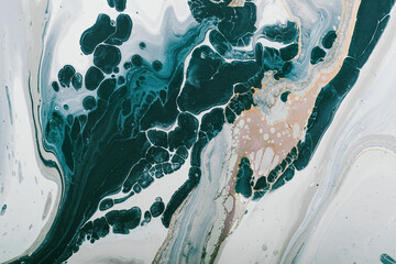 Fluid Art. Abstraction from green paint bubbles with inclusion of gold. Marble effect background or...