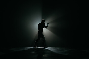 Fighter striking a blow. Professional sport. Fighting. Strength. Fighter in a moody light and grain...