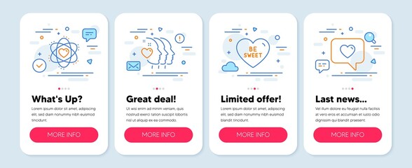 Naklejka premium Set of Love icons, such as Friends couple, Be sweet, Atom symbols. Mobile app mockup banners. Love message line icons. Friendship, Love sweetheart, Electron. Dating service. Vector