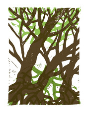 Linocut image of mystical trees with roots.  Images of trees. Drawing of trees and roots.