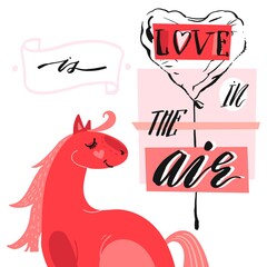 Love is in the air hand lettering. Hand drawn card design. Handmade calligraphy. Vector illustration.
