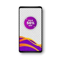 Sale 50 percent off banner. Phone mockup vector banner. Discount sticker shape. Coupon bubble icon. Social story post template. Sale 50% badge. Cell phone frame. Liquid modern background. Vector