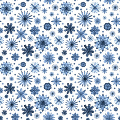 Watercolor seamless romantic mandala abstract flowers indigo blue floral pattern on white background
